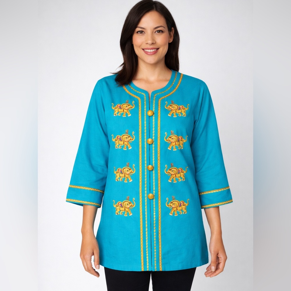 Bob Mackie Wearable Art Boho Elephant Embroidered Turquoise Tunic Jacket L